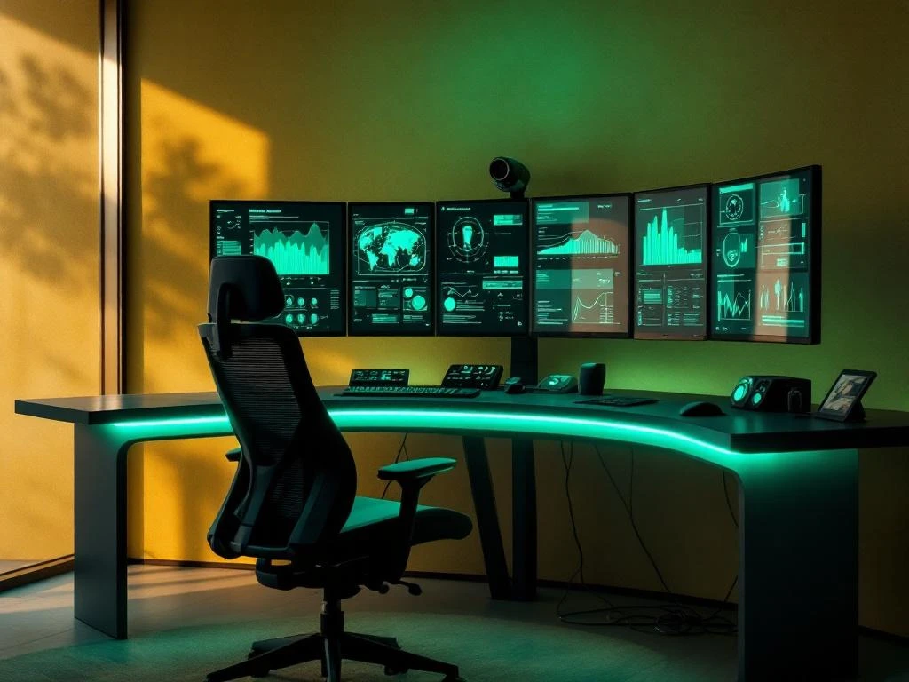 Moderne beveiligingscontrolekamer met meerdere monitors die netwerkdiagrammen tonen, ergonomische stoel en turquoise verlichting