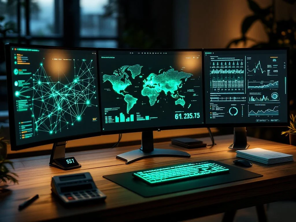 Moderne cybersecurity dashboard met meerdere monitors die netwerkpatronen tonen op houten bureau met calculator en facturen