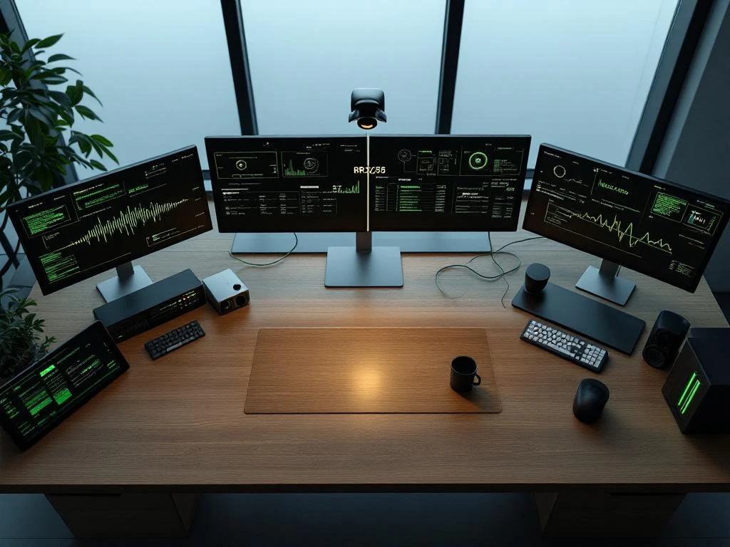 Moderne beveiligingscontrolekamer van bovenaf met donkere monitoren, groene datapatronen en verlichte centrale display