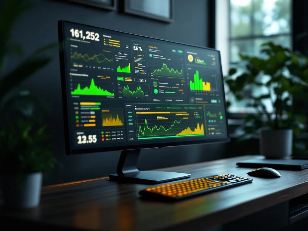 Moderne beveiligingsdashboard op houten bureau toont netwerkactiviteit in groene tinten met turquoise waarschuwingen