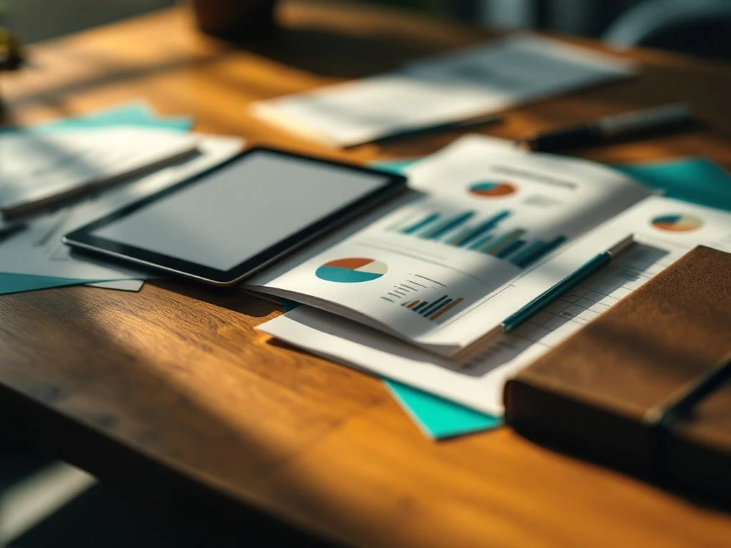 Houten bureau met compliance documenten, tablet met juridische grafieken en regelgevingsboek in professionele werkruimte