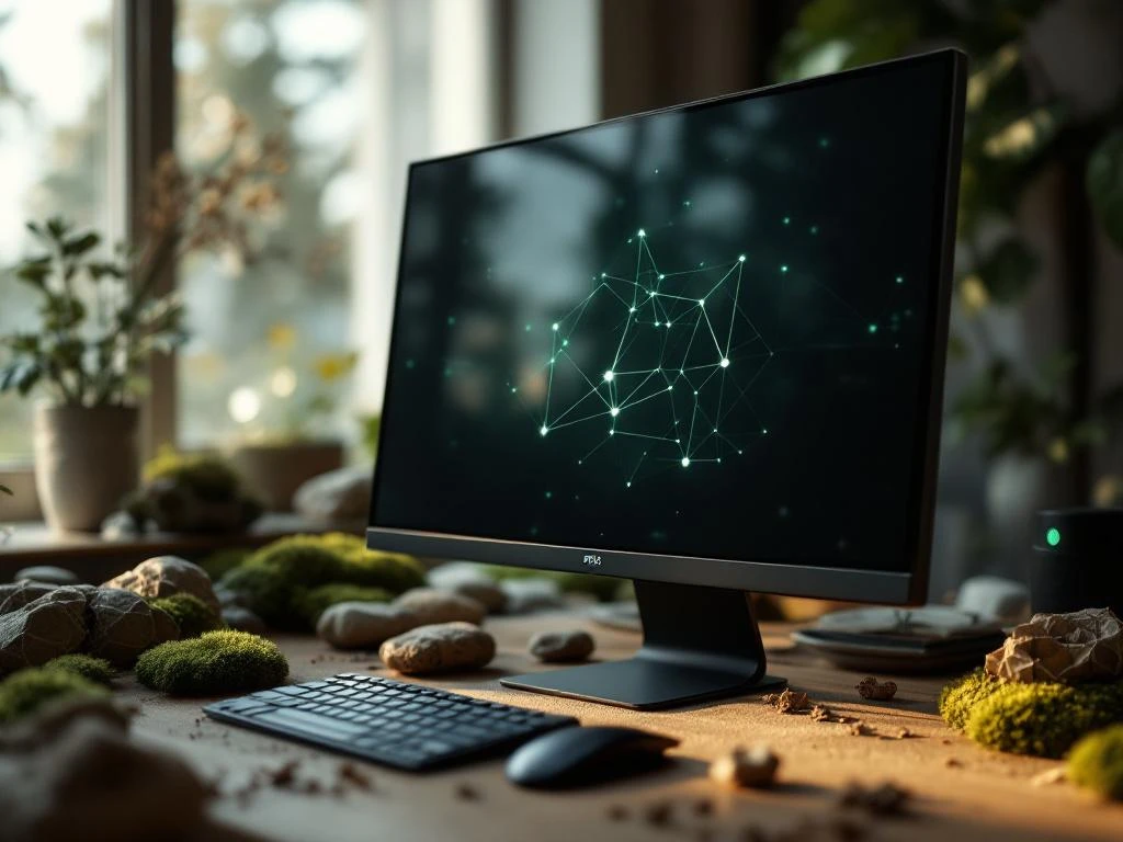 Donkere computermonitor met groene netwerklijnen op minimalistisch bureau met mos en stenen, turquoise randverlichting