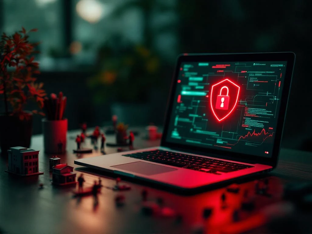 Laptop met rode waarschuwingsslot op bureau omringd door miniatuur ziekenhuis, winkel en fabrieksmodellen in dramatisch licht