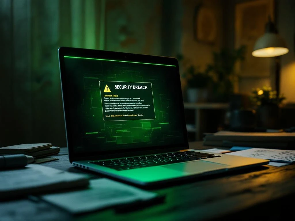 Laptop met beveiligingswaarschuwing op scherm, omringd door documenten op houten bureau met dramatische verlichting