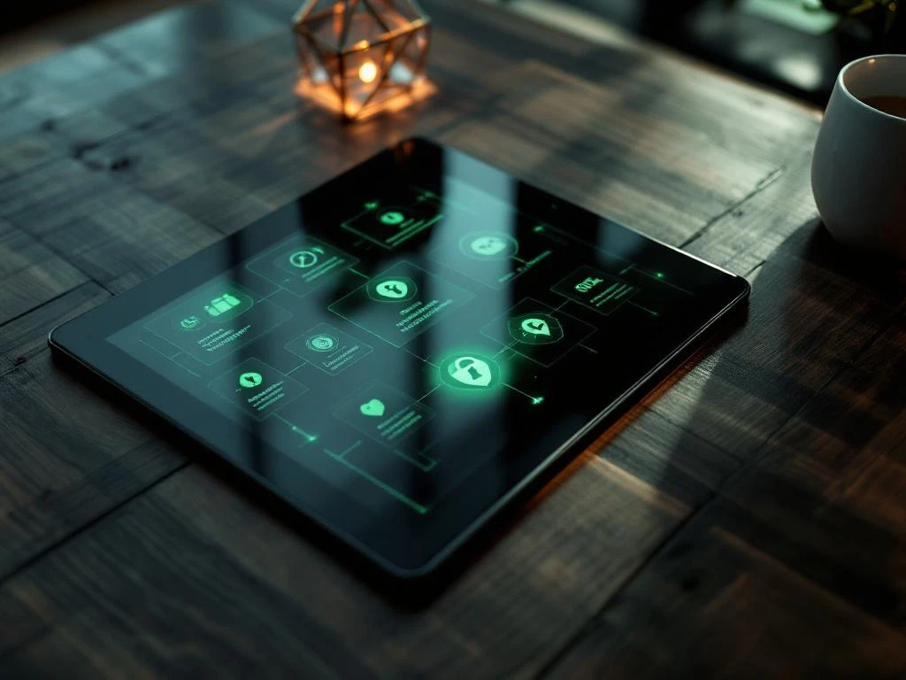 Digitale tablet met cybersecurity certificaten op houten bureau met groene verlichting en veiligheidssymbolen