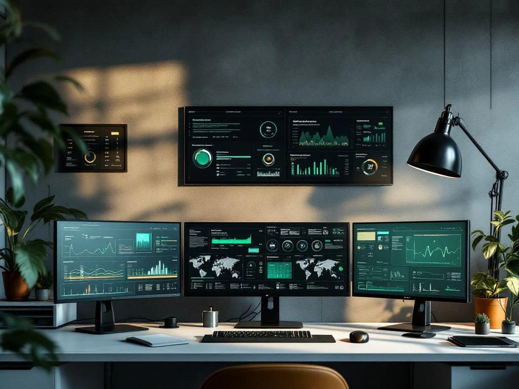 Cybersecurity commandocentrum met meerdere monitors die real-time bedreigingsdetectie dashboards tonen in groene tinten