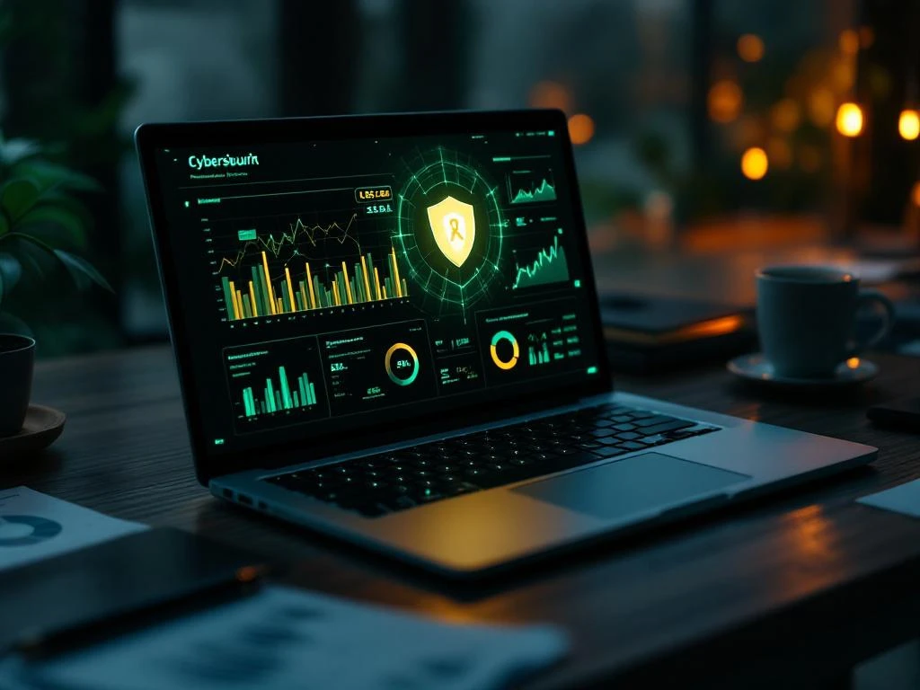 Moderne laptop met cybersecurity dashboard en gegevensvisualisatie op donker houten bureau met financiële documenten
