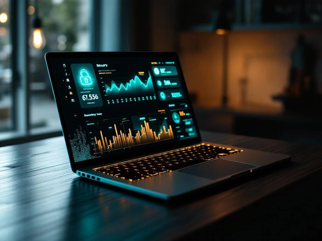 Moderne laptop met beveiligingsdashboard op scherm, omgeven door lichtpatronen op donkere houten bureau