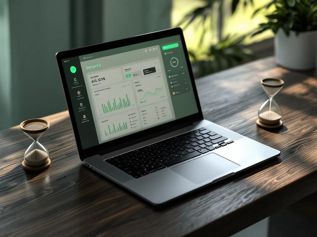 Laptop met digitaal beveiligingsdashboard op donkere houten bureau met groene verlichting en zandloper