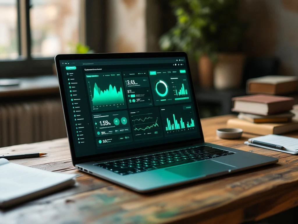 Moderne laptop met cybersecurity dashboard op houten bureau naast traditionele beveiligingshandleidingen en mappen