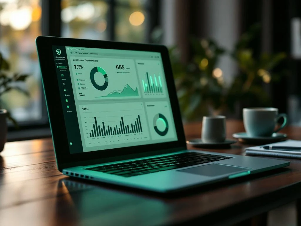 Moderne laptop met cybersecurity dashboard op donkere houten bureau met koffiekop en notitieblok in kantooromgeving