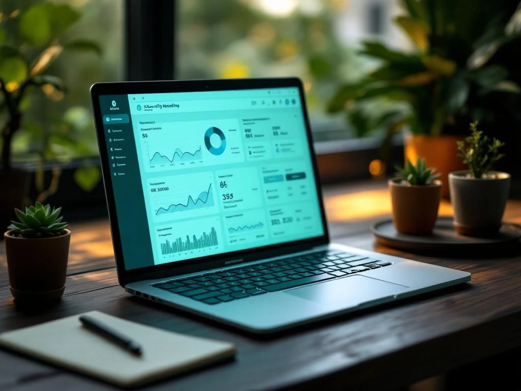 Laptop met beveiligingsmonitoringdashboard op donkere houten bureau met vetplanten en groene omgevingsverlichting