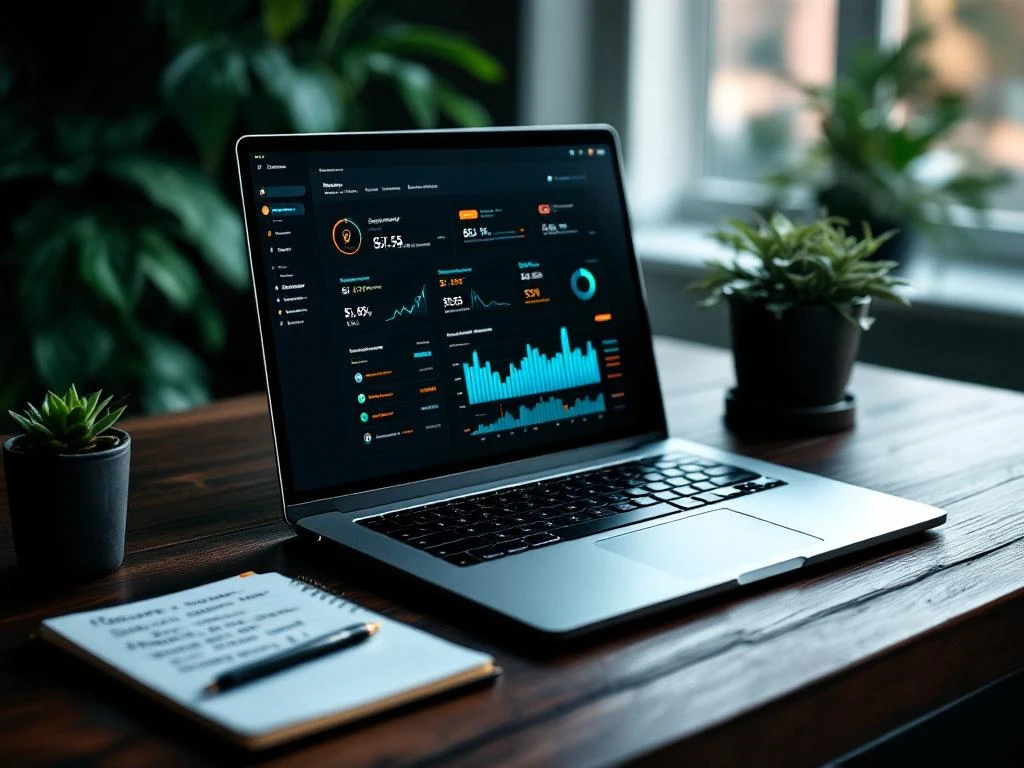 Moderne laptop toont cybersecurity dashboard met netwerkgrafieken op donkere houten bureau naast notitieblok en plant