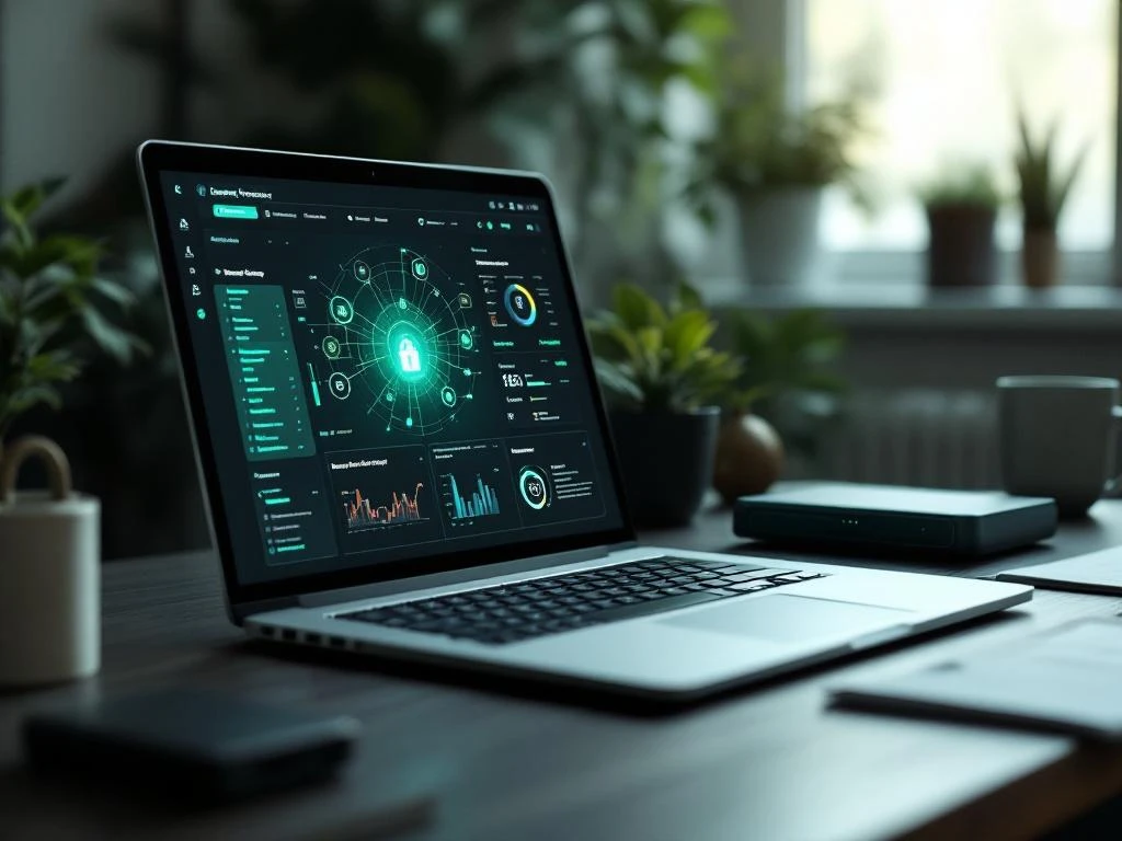 Moderne laptop met beveiligingsdashboard op houten bureau met cybersecurity-elementen in groen-olijf kleurenschema