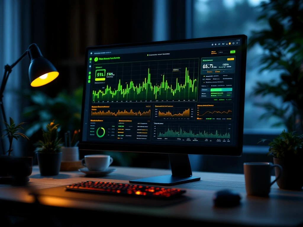 Digitaal beveiligingsdashboard met groene datastromen en turquoise waarschuwingen op donkere werkplek met houtaccenten