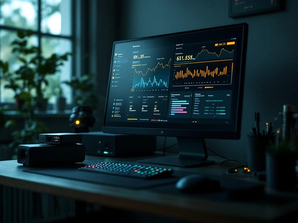 Cybersecurity dashboard op computerscherm met netwerkanalyzer en versleutelde USB-drives op donker houten bureau