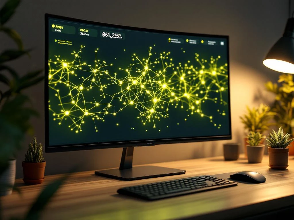 Moderne cybersecurity dashboard op gebogen monitor toont netwerk als groene boomstructuur, omringd door vetplanten op houten bureau