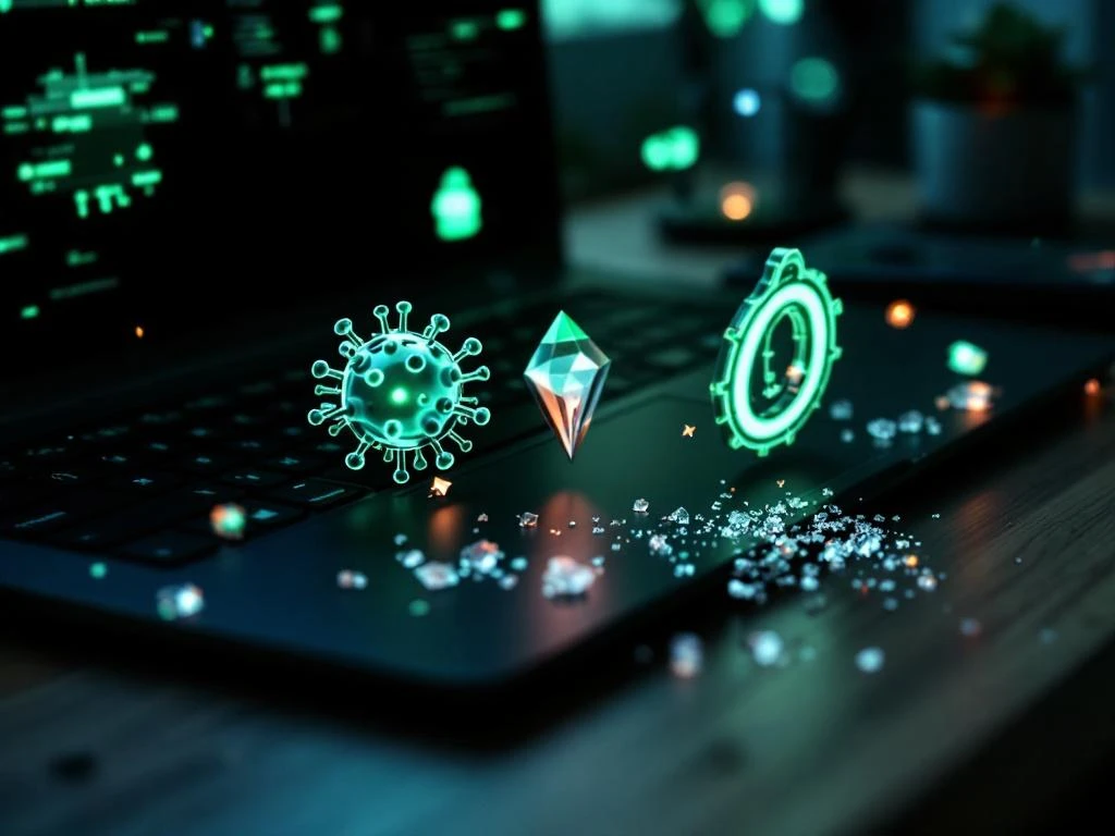 Zwarte laptop met digitale dreigingssymbolen als fysieke objecten: virus sculptuur, phishing haak en malware fragmenten