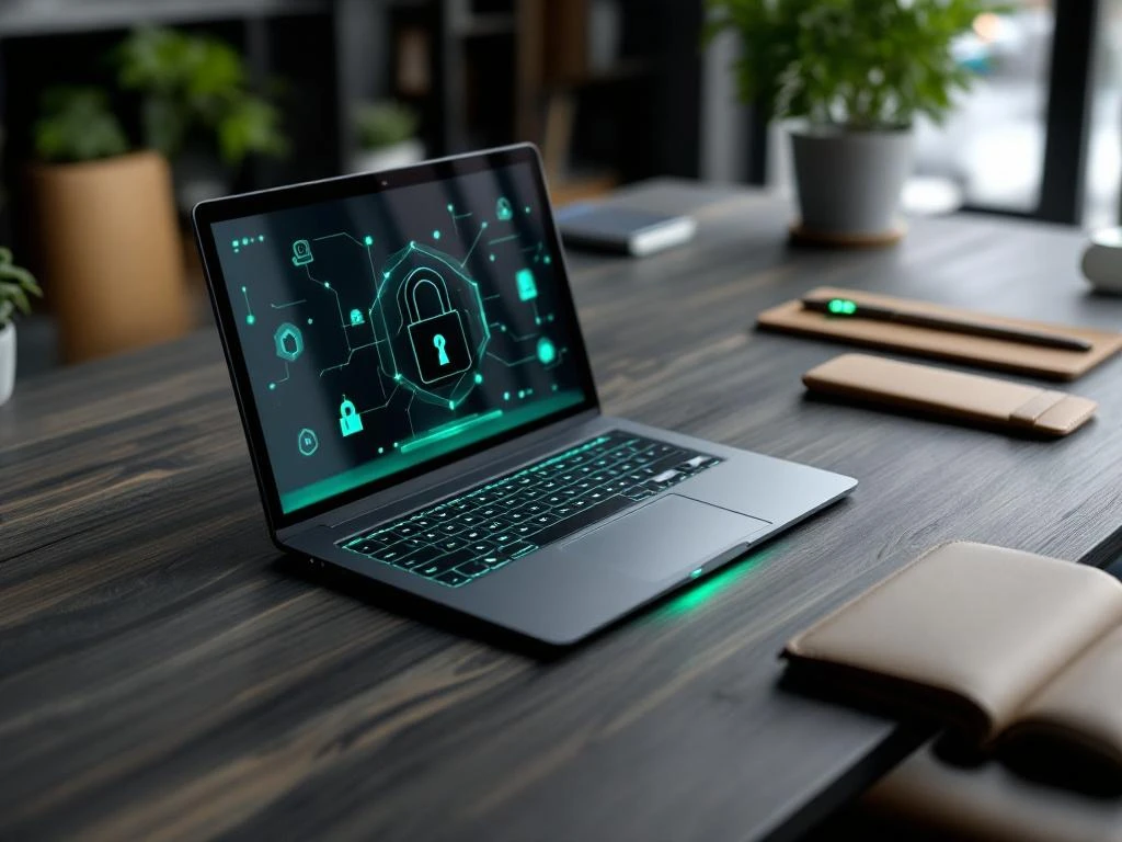 Moderne kantoorwerkplek met laptop, netwerk verbindingen op scherm en digitale beveiligingselementen geïntegreerd in houten bureau