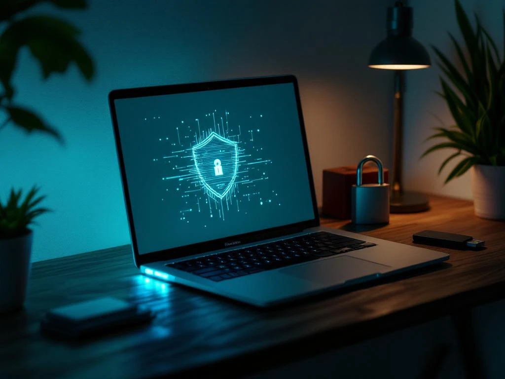 Laptop met digitaal schild op scherm en beveiligingsitems zoals hangslot en USB-stick op houten bureau met cyaan verlichting