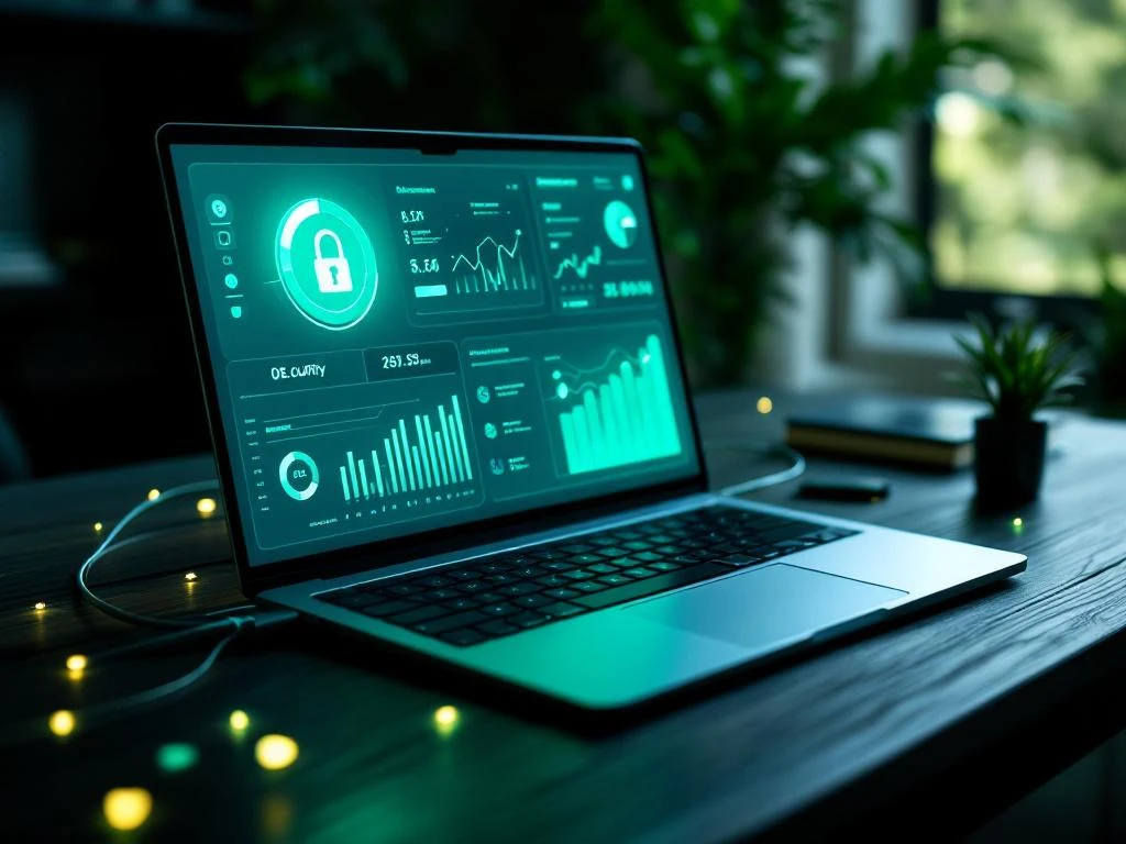 Moderne laptop met beveiligingsdashboard op houten bureau, ethernet kabels aangesloten, groene verlichting