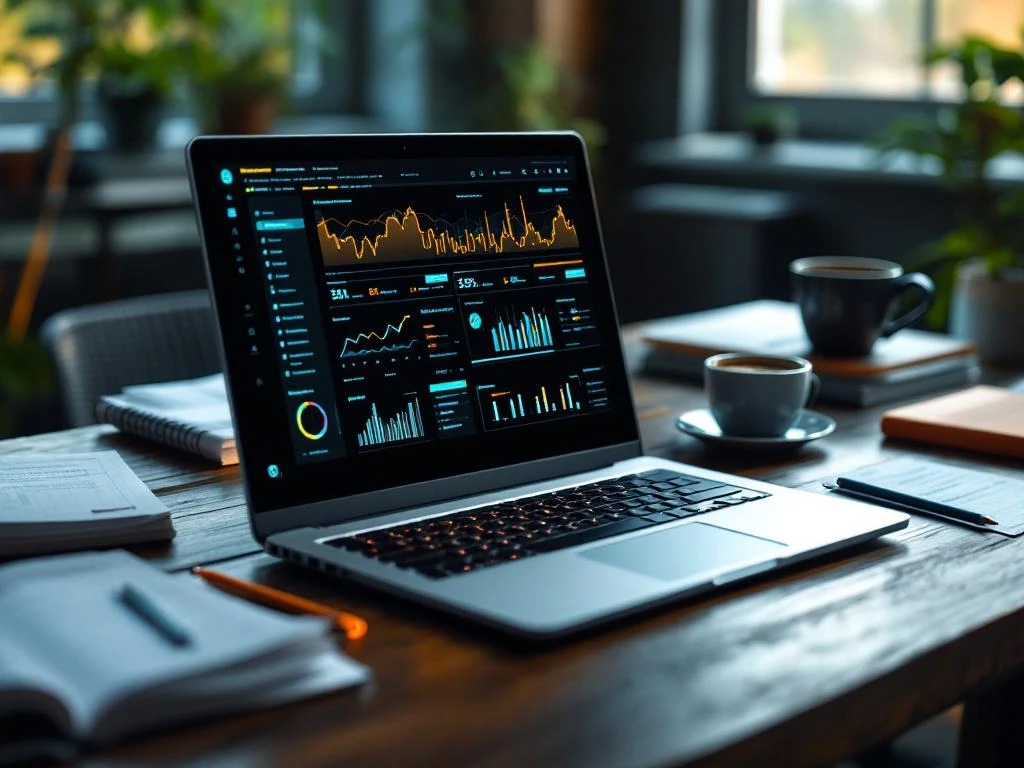 Laptop toont cybersecurity monitoring dashboards met groene accenten op houten bureau met trainingsmateriaal