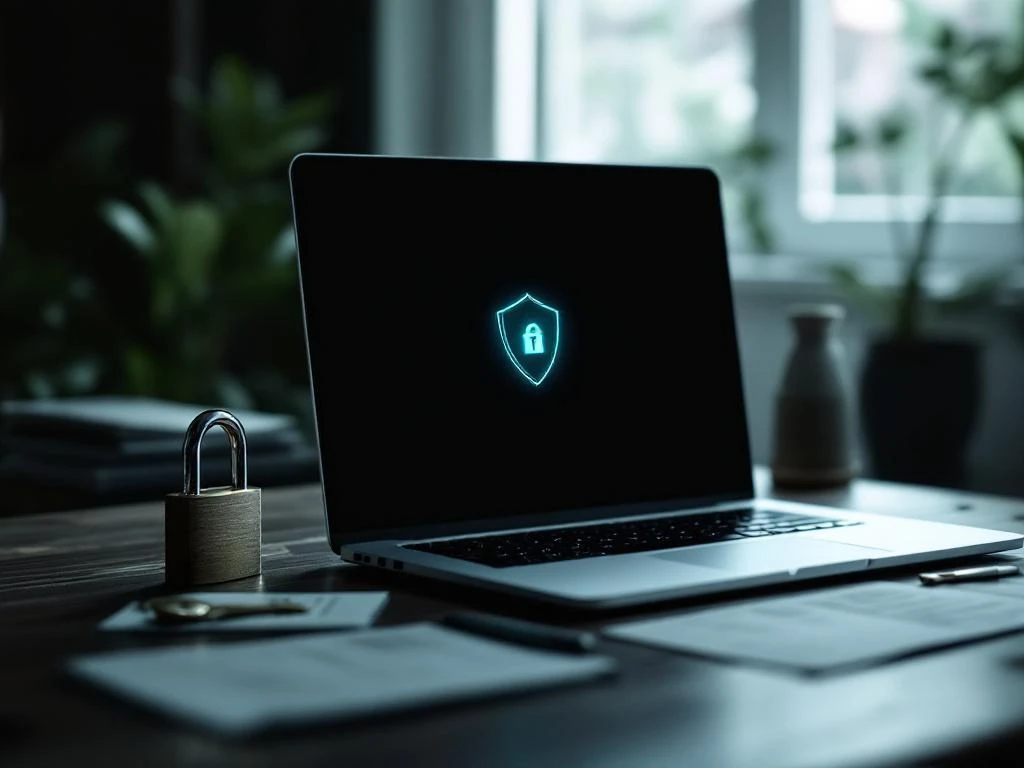 Moderne laptop met digitaal schildpictogram op scherm naast hangslot op houten bureau, cybersecurity documentatie zichtbaar