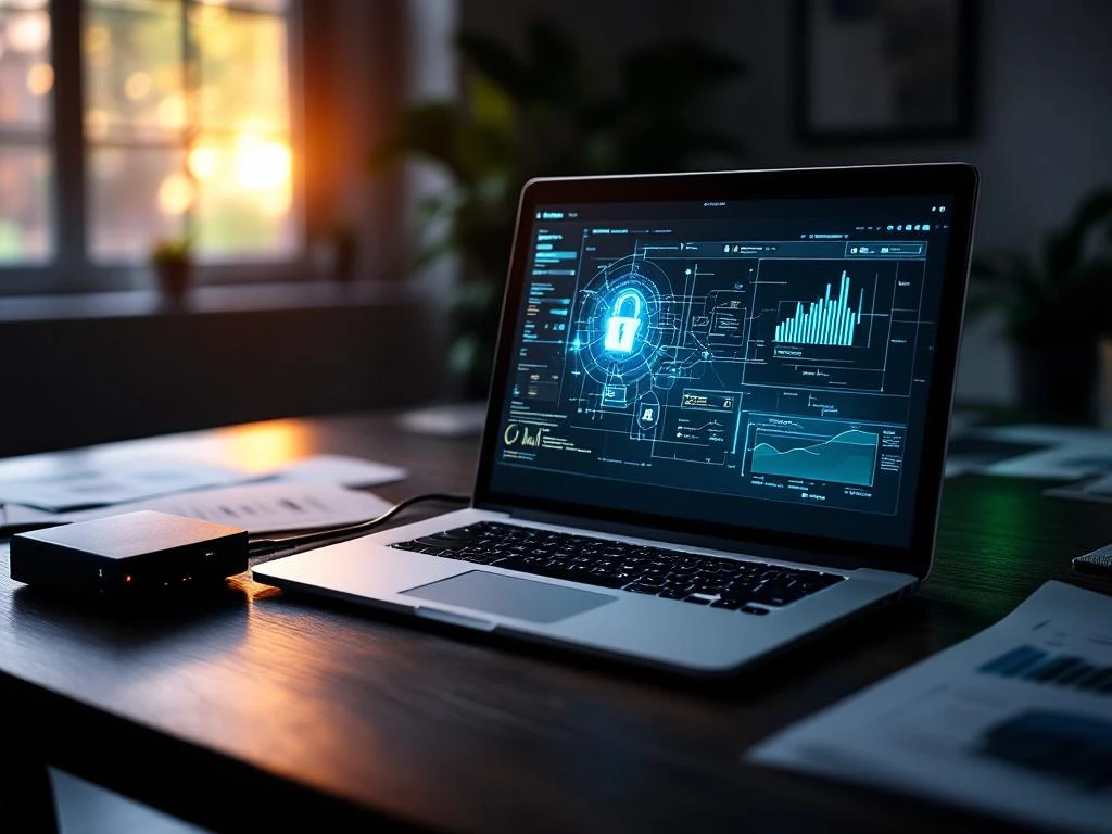 Moderne laptop toont netwerkbeveiliging diagrammen op donkere houten bureau met financiële documenten en beveiligingsapparaat