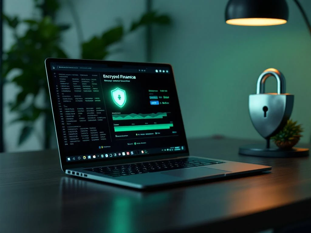 Laptop met versleutelde financiële gegevens en beveiligingsschild op donkere houten bureau in modern kantoor
