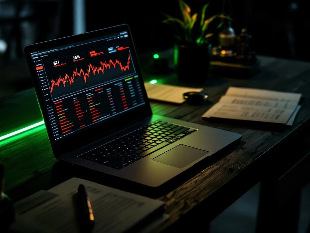 Laptop met financiële grafieken en rode waarschuwingen op houten bureau met cybersecurity rapporten en groene accentverlichting