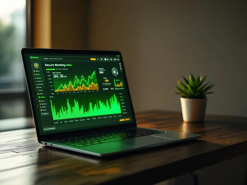 Moderne laptop met groene beveiligingsgrafieken op scherm op houten bureau met plantje en sfeerverlichting