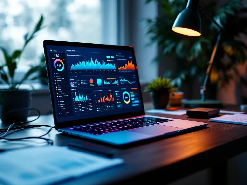 Moderne laptop met gloeinde cybersecurity dashboards op houten bureau met netwerkapparatuur en technische documentatie