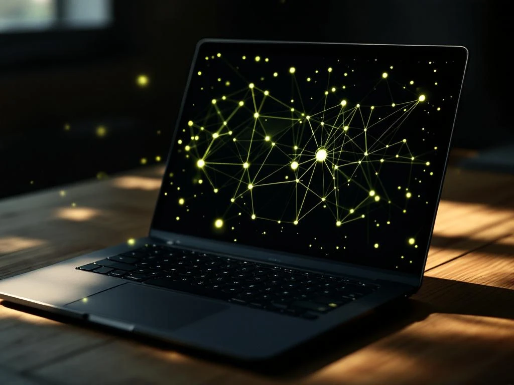 Laptop op houten bureau toont netwerk visualisatie met groene geometrische patronen en gloeiende verbindingspunten