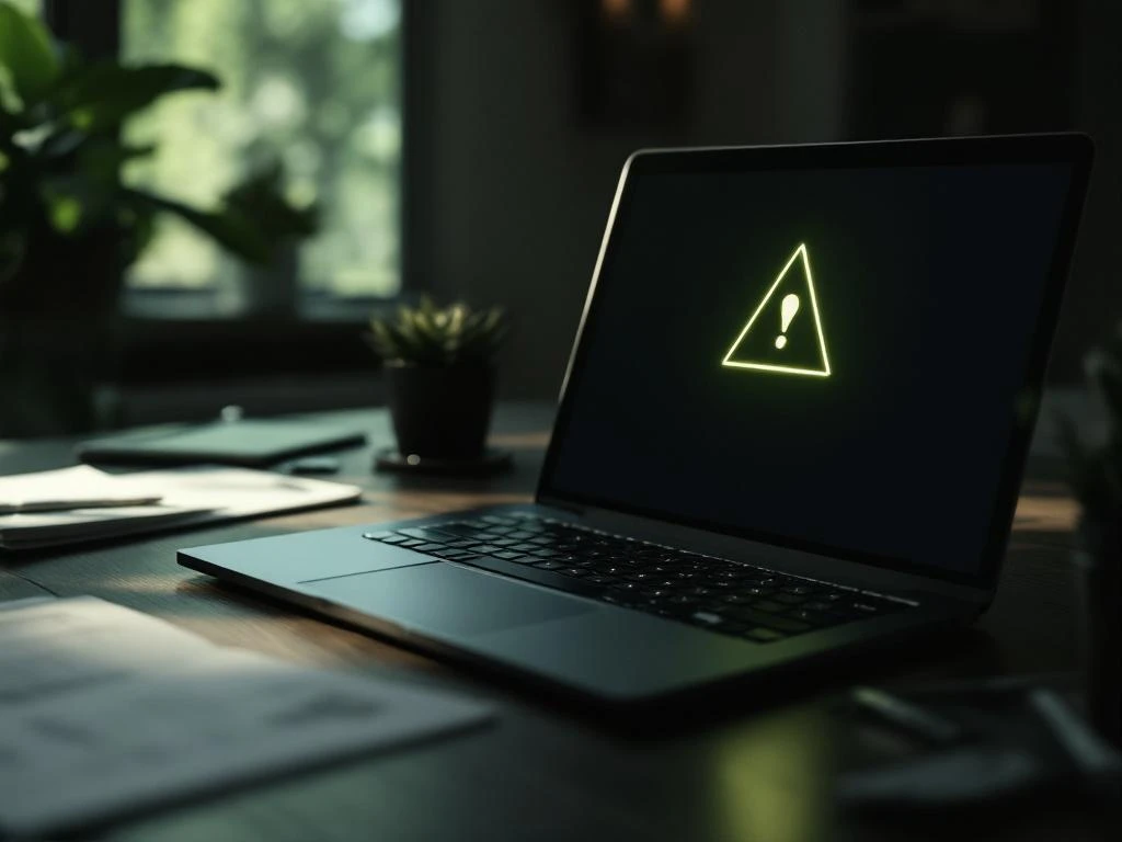 Laptop met waarschuwingsschild op scherm op houten bureau met documenten en plant, cybersecurity concept