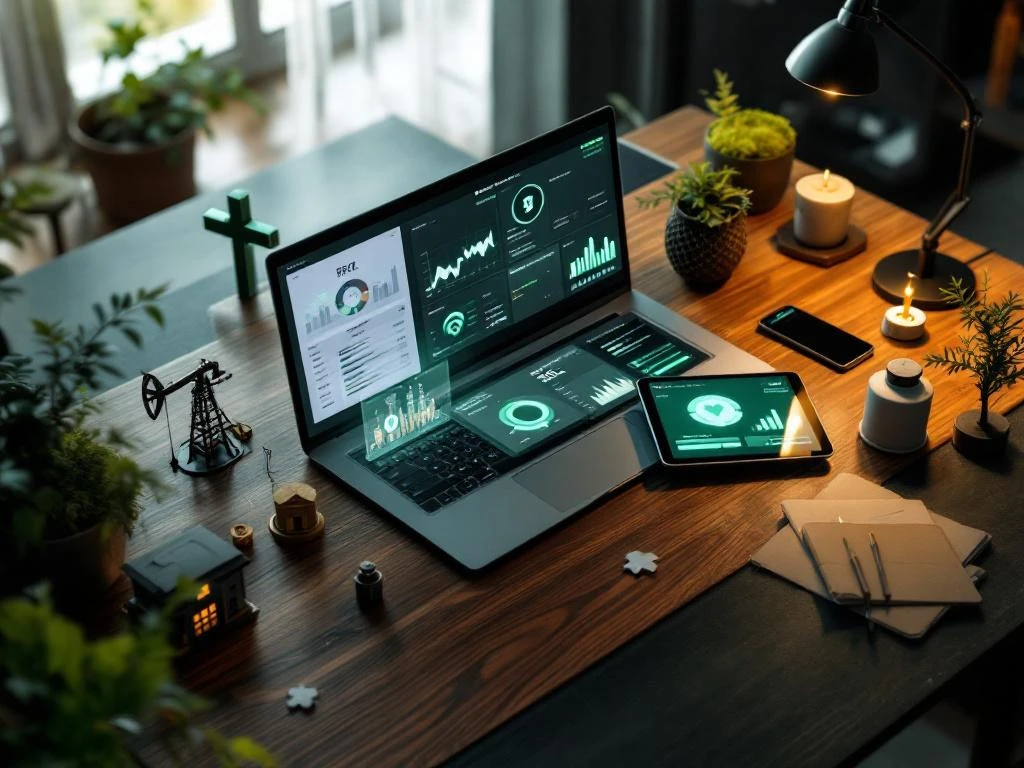 Modern bureau met laptop en tablet die cybersecurity dashboards tonen, omringd door industrie-modellen op donker hout