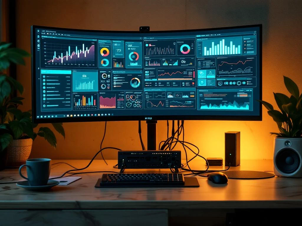 Moderne computerwerkstation met meerdere beveiligingsmonitors, netwerkapparatuur met cyan LED-indicatoren in groene tinten