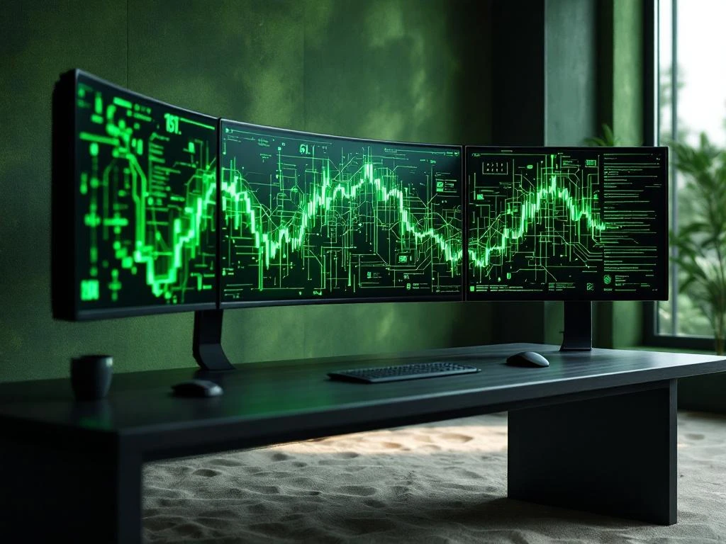 Moderne beveiligingsmonitor werkstation met meerdere gebogen schermen die groene netwerk datavisualisaties tonen