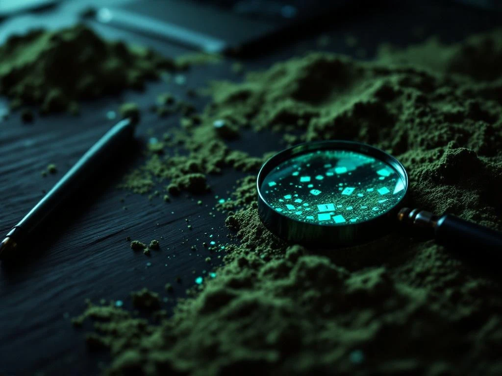 Donkere houten bureau met digitale forensische bewijsstukken, vergrootglas en gloeiende groene datafragmenten in zand