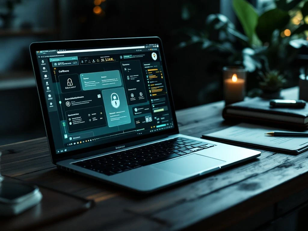 Moderne laptop toont digitale beveiligingscertificaten op scherm, naast leren portfolio met compliancedocumenten op houten bureau