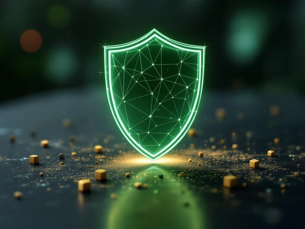Digitaal schild beschermt werkruimte met zwevende datacubes en netwerkknooppunten, cybersecurity concept