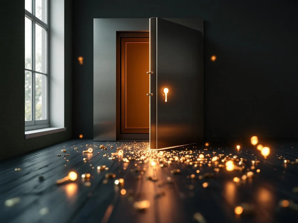 Digitale kluis van geborsteld metaal staat open met gouden sleutels op houten oppervlak, warme verlichting en veilige sfeer