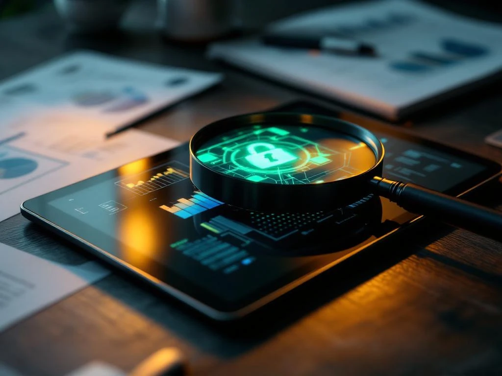Tablet met beveiligingsgrafieken en datavisualisatie op houten bureau naast documenten en vergrootglas