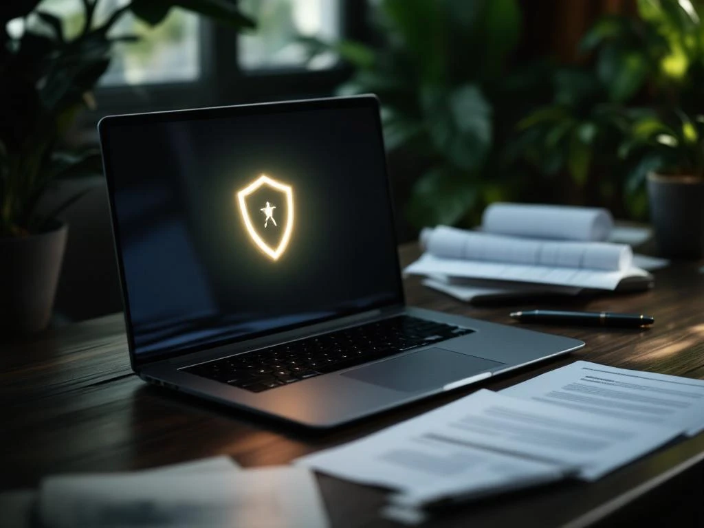 Moderne laptop toont digitaal beveiligingsschild op scherm, omringd door verzekeringsdocumenten op houten bureau