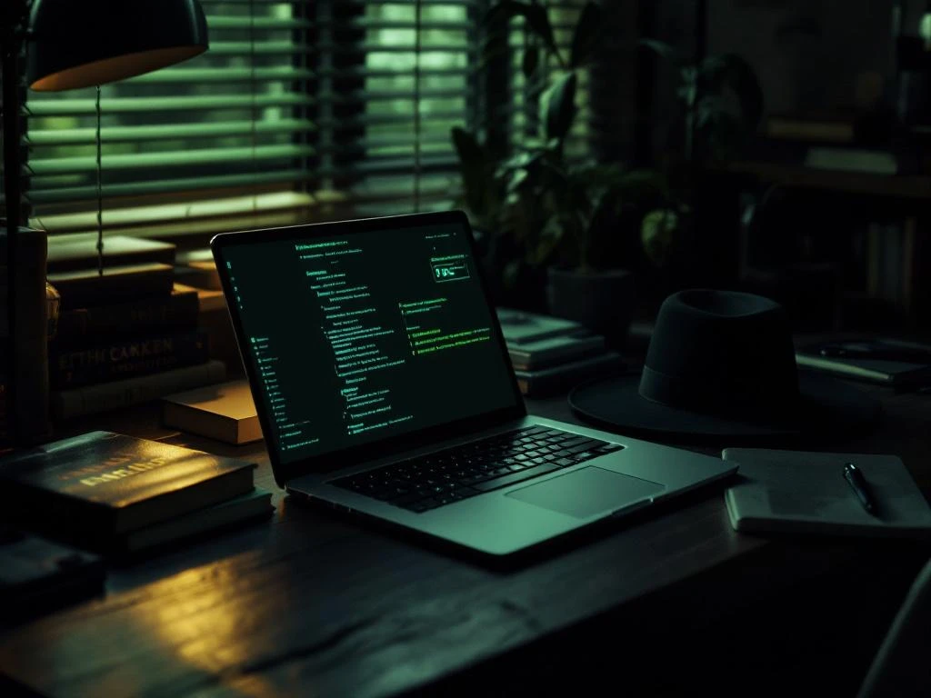 Laptop met toetsenbord op houten bureau naast cybersecurity boeken, witte en zwarte hoeden, groene tinten