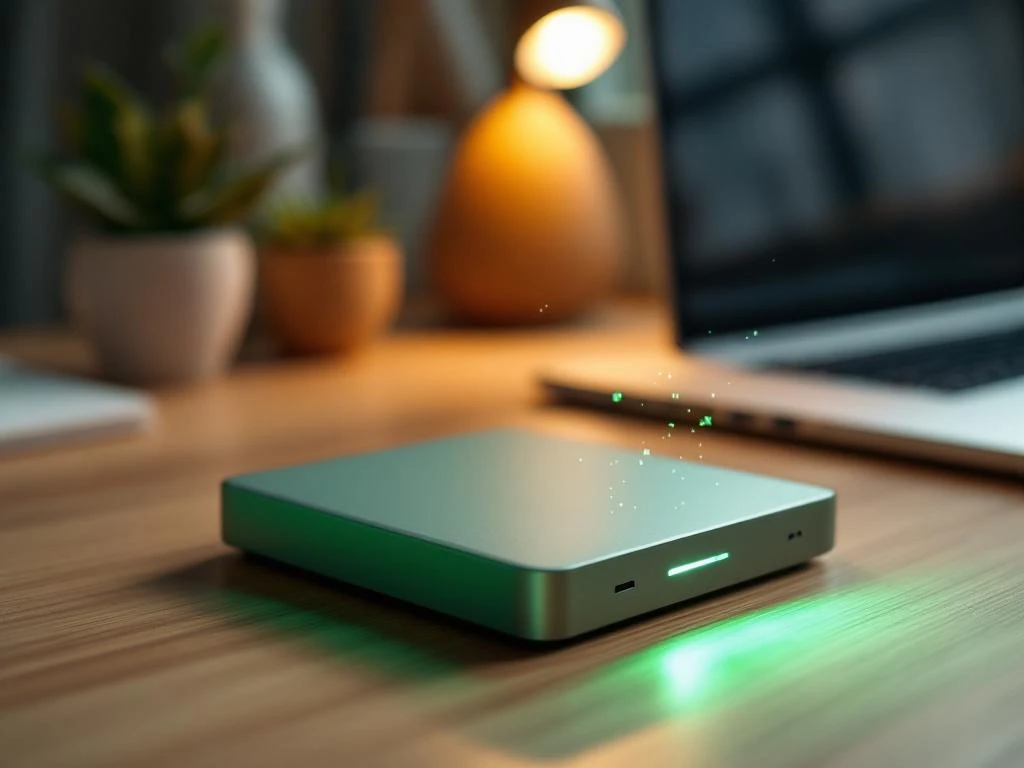Externe harde schijf met mosgroene behuizing op houten bureau, met gloeiende mint RGB-verlichting en laptop op achtergrond