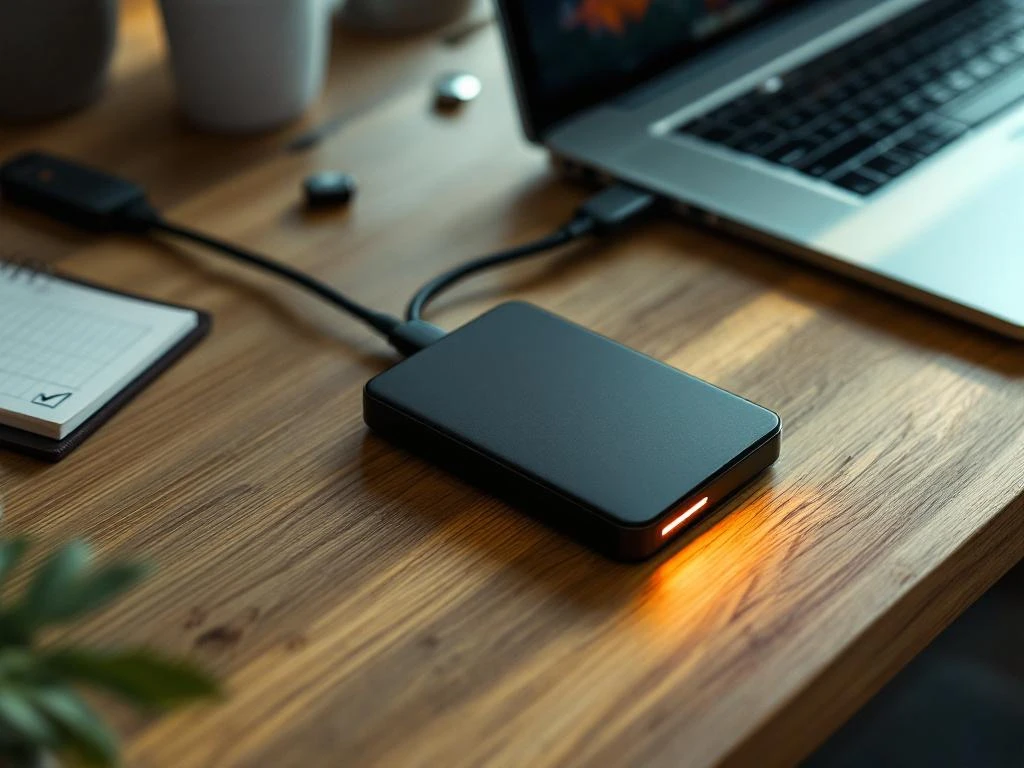 Externe harde schijf met groene LED-indicator aangesloten op laptop via USB-kabel op houten bureau