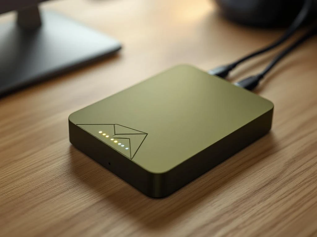 Olijfgroene externe harde schijf op houten bureau met twee kleinere back-up apparaten en LED-verlichting op de achtergrond