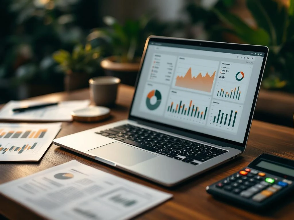 Moderne laptop met data-dashboards op walnoten bureau met financiële documenten en calculator in warme werkruimte