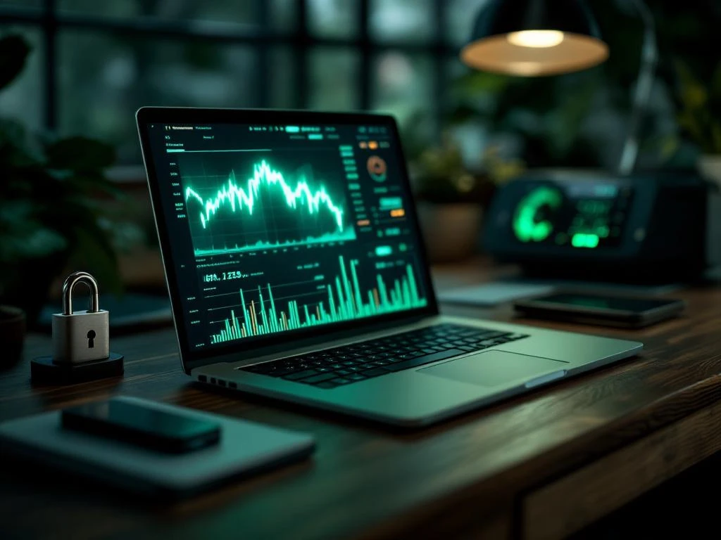 Laptop met financiële grafieken en cyberbeveiligingsapparatuur op houten bureau met groene verlichting