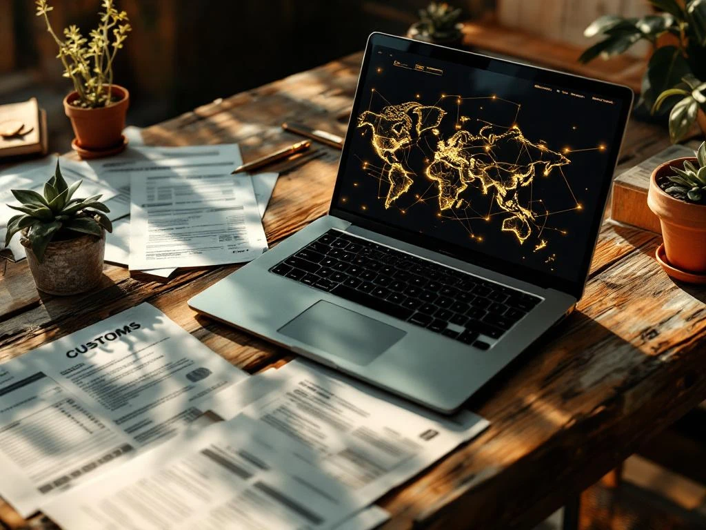 Laptop met wereldkaart en verbindingslijnen op houten bureau met internationale verzendingsdocumenten en douaneformulieren